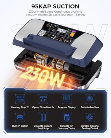 95kpa Vacuum Sealer Machine, Commercial Full Automatic Food Sealer, Vacuum Sealer for Food with Cutter, 10 Pre-cut Bags & Bag Rolls and Accessory Hose, Fully Starter Kits, Dark Blue - Image 4