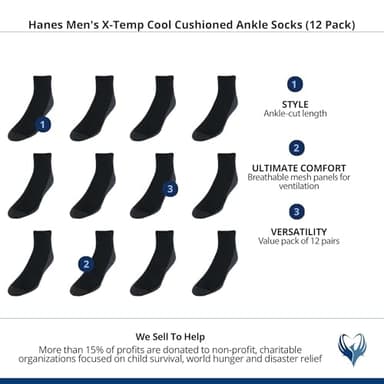 Hanes Men's, X-Temp Cushioned Ankle Socks, 12-Pack, Black-12 Pack, 6-12 - Image 5