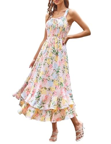 GRACE KARIN Women's 2025 Summer Floral Boho Dress Square Neck Strapped Swing A Line Sundress Beach Long Maxi OutfitsBlue Yellow XL - Image 1