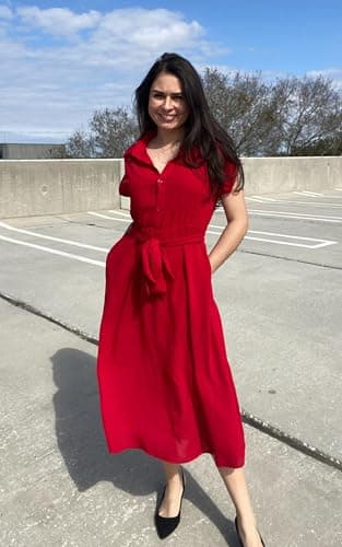 ECOWISH Womens 2025 Spring Summer Casual Short Sleeve Midi Dresses V Neck Button Down Belted Shirt Dress with Pockets Red L - Image 3