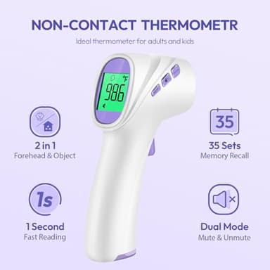 Forehead Thermometer for Adults, Kids & Babies, No-Touch Digital Thermometer with LCD Backlight Display, Fever Alarm and 1s Instant Reading - Purple - Image 2