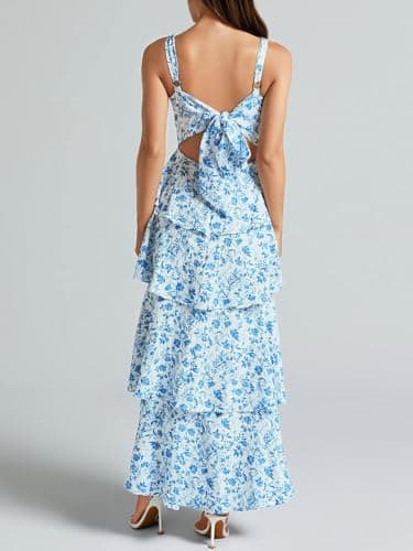Fisoew Womens Floral Maxi Dresses Spaghetti Strap Casual Sleeveless Ruffle Flowy Tiered Dress Blue - Image 3