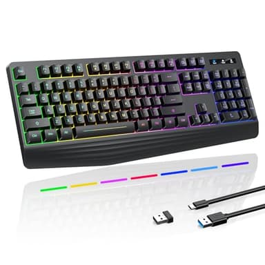 Wireless Gaming Keyboard, RGB & Single-Color Backlit, Full-Size Waterproof Computer Keyboard, Silent Keys, Wrist Rest, Sleep Mode, Rechargeable 2.4G Wireless Keyboardfor Windows, Mac, PC, Laptop - Image 1