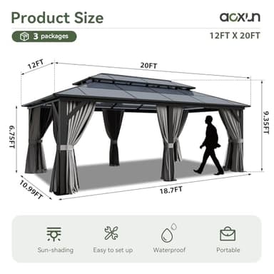 Aoxun 12'x20' Hardtop Gazebo, Aluminum Frame Permanent Pavilion with Curtains and Netting, Outdoor Polycarbonate Double Roof Canopy, Designed for Garden, Lawns, Patio, Gray - Image 2