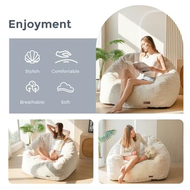 MAXYOYO Giant Bean Bag Chair, Oversized Bean Bag Couch for Adults and Kids, Faux Fur Shell-Shaped Large Chair with Filler, Stuffed Big Accent Sofa Lounge Floor Sofa for Gaming, Reading, Beige - Image 3