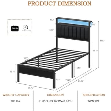 Furnulem Twin Size Bed Frame with Charging Station and LED Lights, Platform Bed with Metal Slats, Grey Upholstered Headboard with 2-Tier Storage Shelves, No Box Spring Needed - Image 2