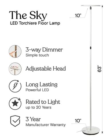 Brightech Sky LED Torchiere Super Bright Floor Lamp - Contemporary, High Lumen Light for Living Rooms and Offices - Dimmable, Indoor Pole Uplight for Bedroom Reading - White - Image 3