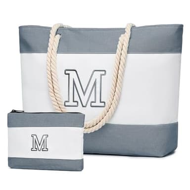 Becokan Initial Beach Bag Waterproof Canvas Beach Tote Bag Zipper Personalized Gifts for Women Her Birthday Travel Essentials (M, Dark Grey 2 pcs) - Image 1