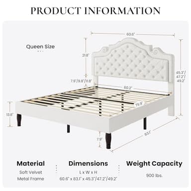 SHA CERLIN Queen Size Bed Frame with Adjustable Headboard/Velvet Upholstered/Diamond Button Tufted and Metal Studs/No Box Spring Needed/Sturdy Wood Slat Support/Easy Assembly/White - Image 2