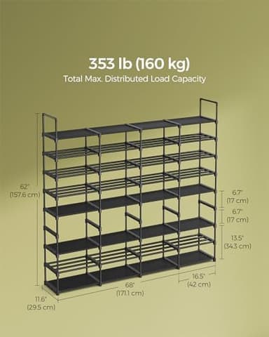 SONGMICS Large Shoe Rack, 8-Tier Shoe Organizer, Shoe Storage Holds up to 32 Pairs, Stackable, Large Capacity, Steel Tubes and Non-Woven Fabric, for Entryway, Closet, Garage, Ink Black ULSA219B01 - Image 4