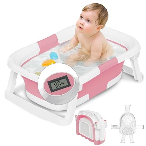 napei Collapsible Baby Bathtub,Baby Bath Tub with Soft Cushion & Thermometer,Baby Bathtub Newborn to Toddler 0-36 Months,Portable Travel Baby Tub - Image 1