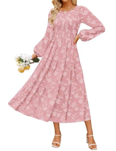 ZESICA Women's Fall Boho Floral Midi Dress 2025 Casual Long Sleeve Crewneck Flowy Wedding Guest Long Dresses,Pink,Medium - Image 1
