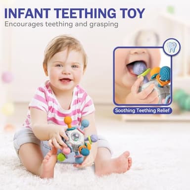 Baby Toys 6 to 12 Months, 5 In 1 Montessori Toys for 1 Year Old, Incl Travel Pull String Toy & Rattle Teether & Stacking Baby Block & Soft Infant Ring & Sensory Ball for Toddler 0-3-6-9-12 Month - Image 4