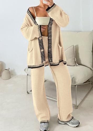 PRETTYGARDEN Lounge Sets for Women Fall 2025 Loungewear 2 Piece Outfits Cardigan Sweaters Track Suit Matching Winter Clothing (Beige,Small) - Image 6