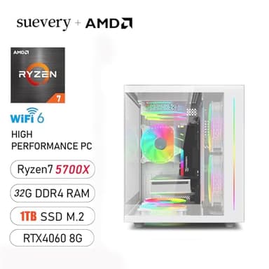 suevery Pre Built Gaming PC RTX 4060 8G AMD Ryzen7 5700X(8Cores 3.4G UP to 4.6G) 1T SSD 32G RAM WI-FI 6 VR Business Desktop Computer White 4K - Image 2