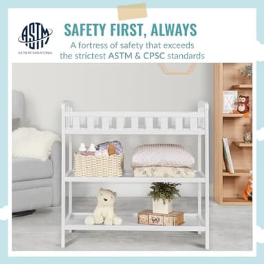 Dream On Me Emily Changing Table in White – Compact & Portable, Solid New Zealand Pinewood, Safety Rails, Two Spacious Storage Shelves, Water-Resistant 1" Changing Pad - Image 3