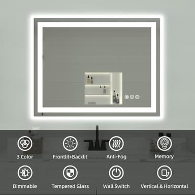 miskerm 40"x 32" LED Bathroom Mirror with Lights, Double Lights Dimmable, Anti-Fog, Front and Backlit LED Mirror for Bathroom, Lighted Bathroom Vanity Mirror with Tempered Glass (Horizontal/Vertical) - Image 6