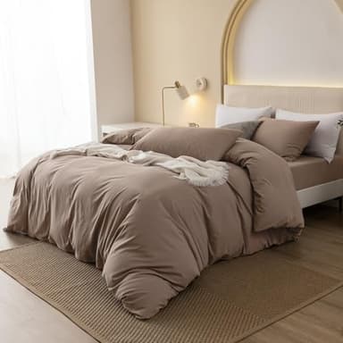 JIYUAN 100% Washed Cotton Duvet Cover Set 3 Pieces King, 1 Duvet Cover 104x90 Inches(Comforter Not Included) and 2 Pillowcases,Linen Feel Bedding Set Comfy and Breathable,Light Brown - Image 3