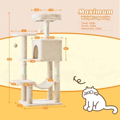 Sweetcrispy 44 inch Cat Tree Tower, Multi-Cat Climbing Tower with Condo, Natural Sisal Scratching Posts, Extended Platform, Hammock, Pet House for Indoor Cats and Kittens Play, Beige - Image 3
