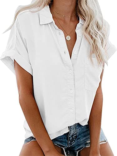 IPMQ Womens Button Down Shirts Short Sleeve Linen Style Cotton Collared Button Up Casual Blouses Oversized Tops with Pocket White - Image 1