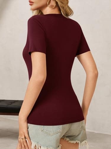 Womens Summer Sexy Short Sleeve Tshirt Tops Deep V Neck Shirts Casual Slim Fit Basic T-Shirt Tee A-Wine Red - Image 5