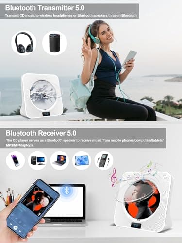 Desktop CD Player Portable with Bluetooth - Jimwey CD Players for Home with HiFi Speakers, FM Radio, Remote Control, LED Screen Display, Support CD/Bluetooth/USB/AUX, White CD Player for Gift - Image 2