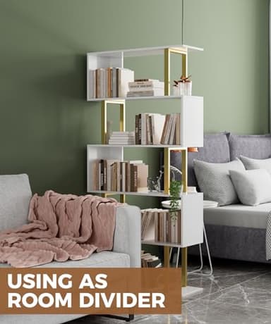 Gadroad 5 Tier Geometric Bookcase,S Shaped Bookshelf, Wood Decorative Storage Shelving, Modern Freestanding Display Shelves, Tall Book Shelf Unit for Living Room Bedroom, Gold - Image 5