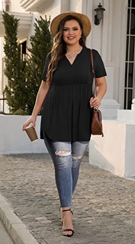 SHIJIALI Women's Plus Size Henley Shirts V Neck Tunic Tops Casual Short Sleeve Swing Flowy Blouse Pure Black-XX-Large - Image 6