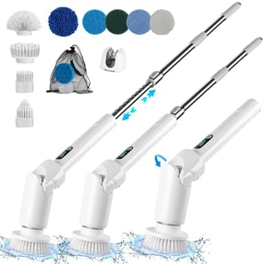 GUPAY Electric Spin Scrubber, Cordless Cleaning Brush with 9 Replaceable Brush Heads, Power 2 Speeds LCD Display, Angle Adjustable, Shower Scrubber with Long Handle for Bathroom Floor Tile Kitchen - Image 1