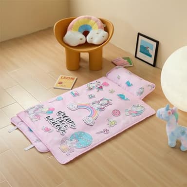 beeweed Toddler Nap Mat, Rollup Design Kid Sleeping Mat with Removable Pillow & Minky Blanket, Toddler Sleeping Bag for Daycare Preschool Travel Camping, Pink Unicorn - Image 7