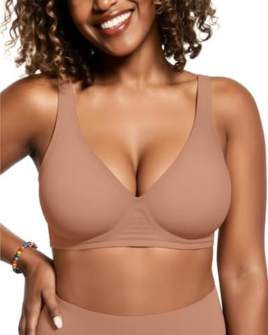 OEAK Womens Deep V Bras Wireless Comfortable Bra Supportive No Underwire Bras Tshirt Push Up Bralettes Plunge Seamless Bra Latte XS - Image 1