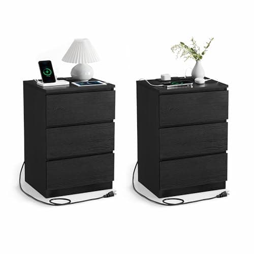 VASAGLE Nightstands with Charging Station, Set of 2, AC Outlets and USB Ports, Bedside Tables, Side Tables with 3 Drawers, Modern Style, 13.8 x 15.7 x 23.2 Inches, Ebony Black ULET731B58 - Image 1