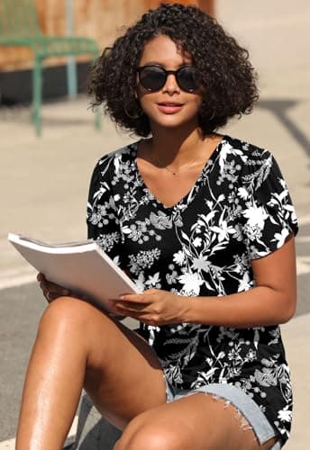 CATHY 2025 Women Tops Summer Comfy Short Sleeve V-Neck Tshirts Stretch Plus Size Blouse Floral B-Windbell XXX-Large - Image 4