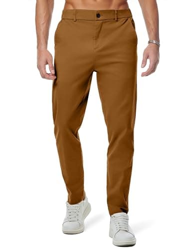 JMIERR Men's Stretch Chino Pants Business Casual Essentials Elastic Waist Classic Fit Tapered Cotton Twill Work Athletic Golf Dress Trousers, M, Camel Brown - Image 1