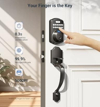 Veise Fingerprint Door Lock Set, Keyless Entry Door Lock, Front Handle Set, Electronic Keypad Deadbolt with Lever Handle, 2 Keys, Auto-Locking, One-time Codes, Easy to Install, Matte Black - Image 2