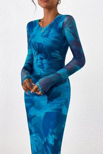 PRETTYGARDEN Women's Bodycon Maxi Dress Fall Spring Fashion Long Sleeve Floral Print Tight Fitted Party Club Ruched Dresses (Print Blue Green,Small) - Image 8