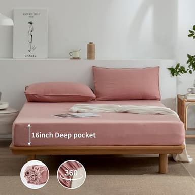 EVERLY Linen Sheets Set King Size,100% French Stonewash Pure Linen Bed Sheets,4Pieces (1Flat Sheet,1Fitted Sheet,2Pillowcase) Suitable for Hot Sleepers,Deep Pocket Natural Bedding Set-Pink - Image 5