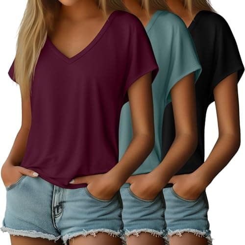 Ficerd 3 Pack Women's Dolman Sleeve Tops V Neck Summer Trendy T Shirts Dressy Casual Loose Fit Basic Tees(Medium,Black, Gray Green, Wine Red) - Image 1