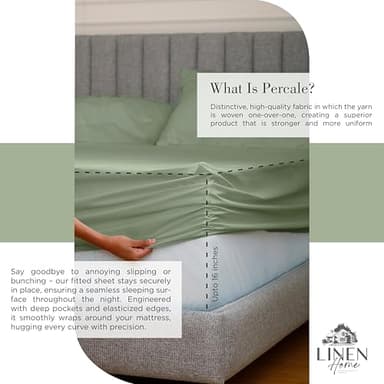 Linen Home 100% Cotton Percale Sheets Full Size, Oil Green, Deep Pocket, 4 Pieces Set - 1 Flat, 1 Deep Pocket Fitted Sheet and 2 Pillowcases, Crisp Cool and Strong Bed Linen - Image 4