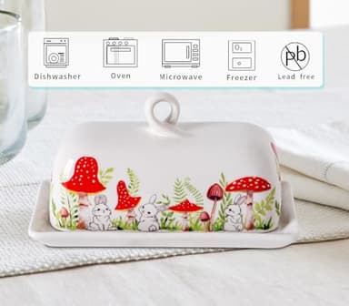 Mushroom Butter Dish With Lid For Countertop Ceramic Butterdish Mushroom Kitchen Decoration Cute Butter Holder Covered Red Mushroom Rabbit Painting Butter Container Large Mantequillera Butter Tray - Image 4