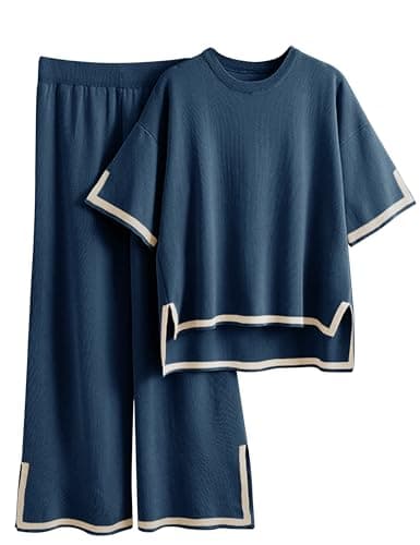 Faleave Womens Knit 2 Piece Sweater Sets Short Sleeve Pullover Tops Elastic Waist Wide Leg Pants Lounge Set(Navy-L) - Image 1