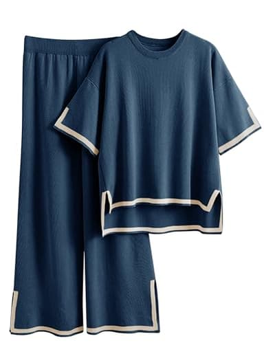Faleave Womens Knit 2 Piece Sweater Sets Short Sleeve Pullover Tops Elastic Waist Wide Leg Pants Lounge Set(Navy-L) - Image 1