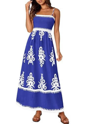 PRETTYGARDEN Summer Dress for Women 2025 Floral Sundress Spaghetti Strap Flowy Beach Vacation Boho Maxi Dresses (Royal Blue White Floral,Small) - Image 1