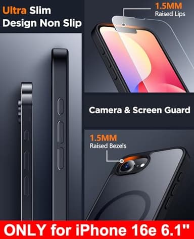 SPIDERCASE Designed for iPhone 16e Case, Magnetic Translucent Matte Case with 2PCS Tempered Glass Screen Protector Anti-Scratch Slim Phone Case for iPhone 16E 6.1'', Black - Image 4