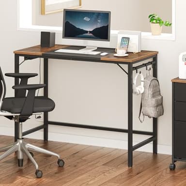 HOOBRO Computer Desk, Home Office Desk with Power Outlet, Modern Study Writing Desk with 3 Hooks for Study Room, Home Office, Sturdy and Stable, Easy to Assemble, Rustic Brown and Black BF40UDN01 - Image 2