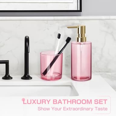 ALPIRIRAL Pink Bathroom Accessories Set, 5 Pcs Pink Glass Bathroom Set, Soap Dispenser and Toothbrush Holder Set, Qtip Holder and Cotton Ball Holder, Modern Bathroom Decor Sets, Bathroom Sink Set - Image 6