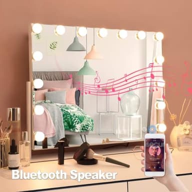 MISAVANITY Vanity Mirror with Lights and Speaker 360 Degree Rotating Hollywood Lighted Makeup Mirror with 15 Dimmable LED Bulbs 3 Color Lighting USB Charge Port for Dressing Room and Bedroom, White - Image 3