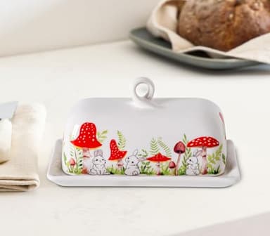 Mushroom Butter Dish With Lid For Countertop Ceramic Butterdish Mushroom Kitchen Decoration Cute Butter Holder Covered Red Mushroom Rabbit Painting Butter Container Large Mantequillera Butter Tray - Image 5