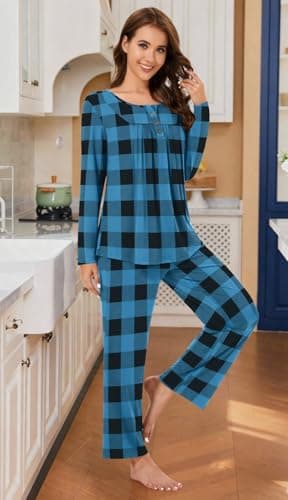 Bestbee Womens Pajama Set, 2 Piece Lounge Outfits Pleated Sleepwear Sets Long Sleeve Long Pants With Pockets Ladies Pjs, M, Blue Plaid - Image 2