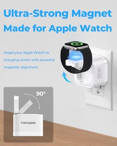 30W Charger for Apple Watch, 3-in-1 USB C Charging Block Travel Essentials, Portable Wall Charger with Foldable Plug, Fast Charging for iWatch Series 10/9/ 8/7/ 6/ Ultra/SE, iPhone, White - Image 4